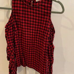 Cold shoulder red/black check blouse. XS
